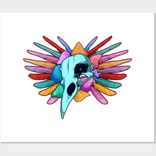 Raven skull with colorful feathers - Aestethic Goblincore Posters and Art